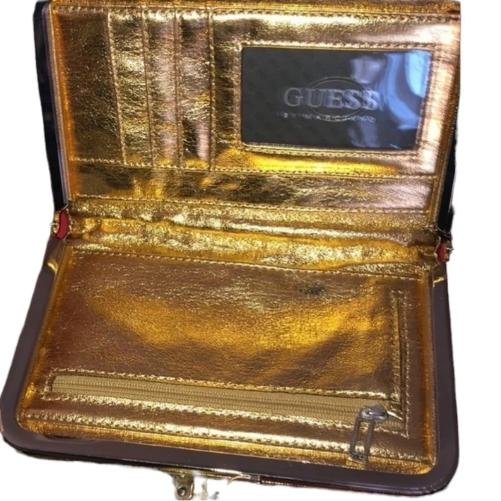Guess gold metallic & animal print walllet clutch Rhinestone detail NIB